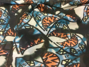 NEW Italian 100% Soft Silk Chiffon Fish Graffiti Print Fabric 53" 136 cm Dress