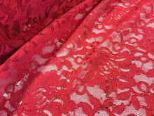 Load image into Gallery viewer, NEW Red Stretch Floral Sequins Corded Lace Double Scalloped Border Fabric Bling