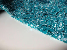 Load image into Gallery viewer, NEW Sea Green Colour Ivory Corded Stretch Lace Fabric Sea Green Sequins Bling It