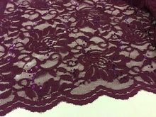 Load image into Gallery viewer, NEW Wine Stretch Floral Sequins Corded Lace Double Scalloped Border Fabric Bling