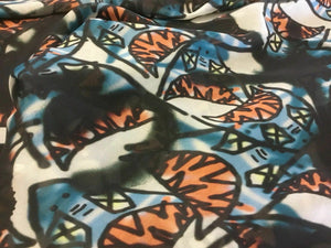NEW Italian 100% Soft Silk Chiffon Fish Graffiti Print Fabric 53" 136 cm Dress