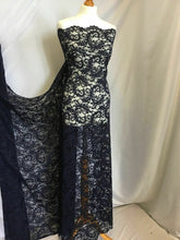 Load image into Gallery viewer, NEW High Class Dark Navy Corded Stretch Floral Scallop Border Lace Fabric 56’’