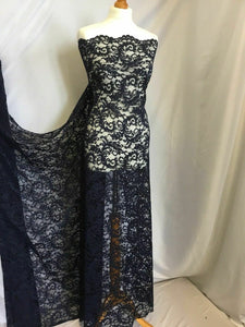 NEW High Class Dark Navy Corded Stretch Floral Scallop Border Lace Fabric 56’’