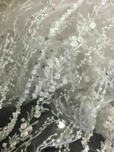 NEW High Class Designer Iced White Bridal Border Floral Pearl Lace Fabric 47”