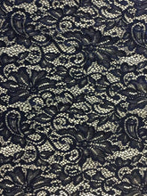 Load image into Gallery viewer, NEW Designer Navy Stretch Net Floral Paisley Lace Double Scalloped Border Fabric