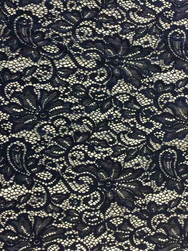 NEW Designer Navy Stretch Net Floral Paisley Lace Double Scalloped Border Fabric
