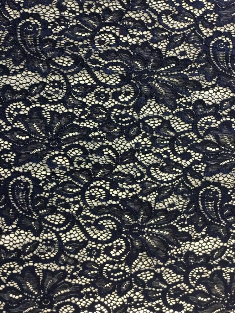 NEW Designer Navy Stretch Net Floral Paisley Lace Double Scalloped Border Fabric