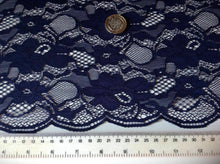 Load image into Gallery viewer, NEW Designer Navy Stretch Floral Corded Lace Fabric 59&quot;150cm Scalp Border Rachel