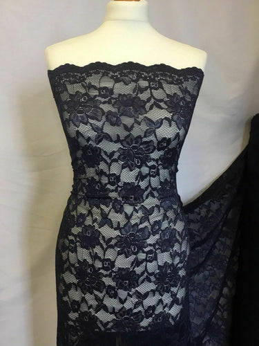 NEW Designer Navy 4 Way Stretch Net Floral Lace Double Scalloped Border Fabric