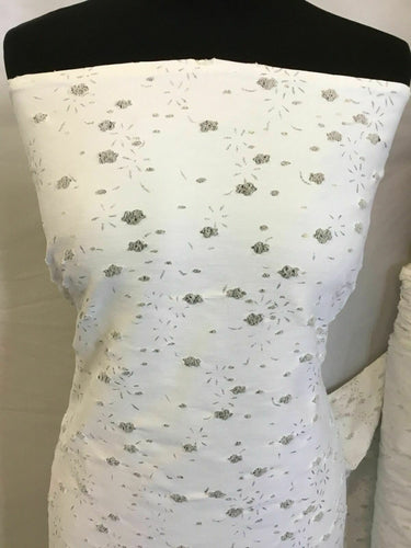 NEW Designer White Stretch Cotton Twill Rip Floral Silver Lurex Fabric Dress Her