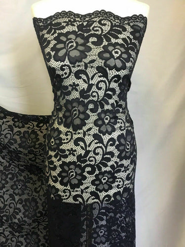 NEW Designer Navy Stretch Net Floral Lace Double Scalloped Border Fabric 57’’