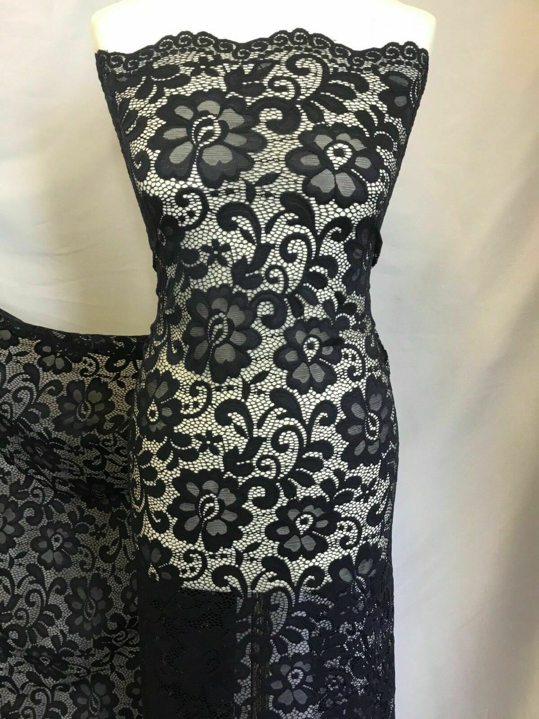 NEW Designer Navy Stretch Net Floral Lace Double Scalloped Border Fabric 57’’