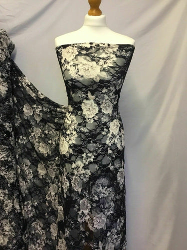 NEW Designer Multicoloured Stretch Floral Print Lace Fabric 60’’153cm Navy Ivory