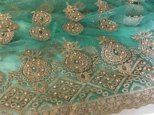 NEW Designer Jade / Green Gold Pearl Paisley Border Lace Fabric 51'' 131 cm