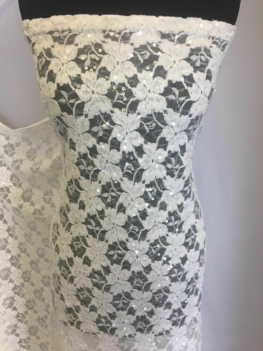 NEW Designer Ivory Embroidery Sequins Floral Stretch Lace Fabric 59