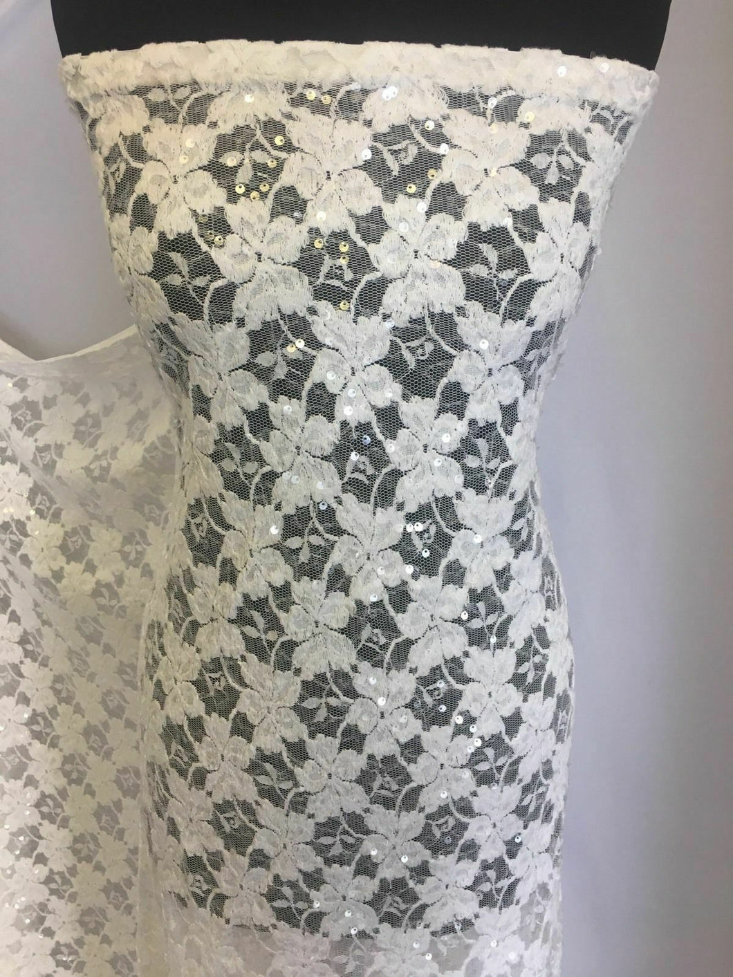 NEW Designer Ivory Embroidery Sequins Floral Stretch Lace Fabric 59