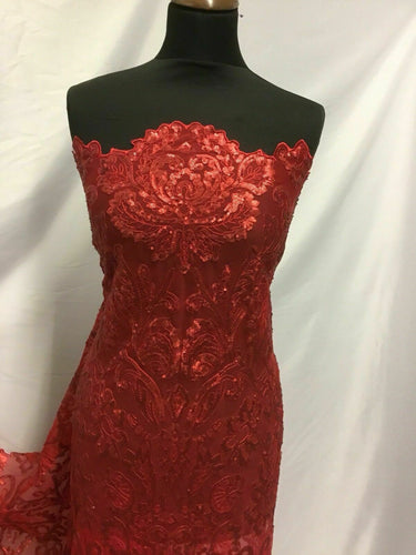 NEW Designer High Class Red Sequins Corded Border Scallop Lace Fabric 45’’ 116cm