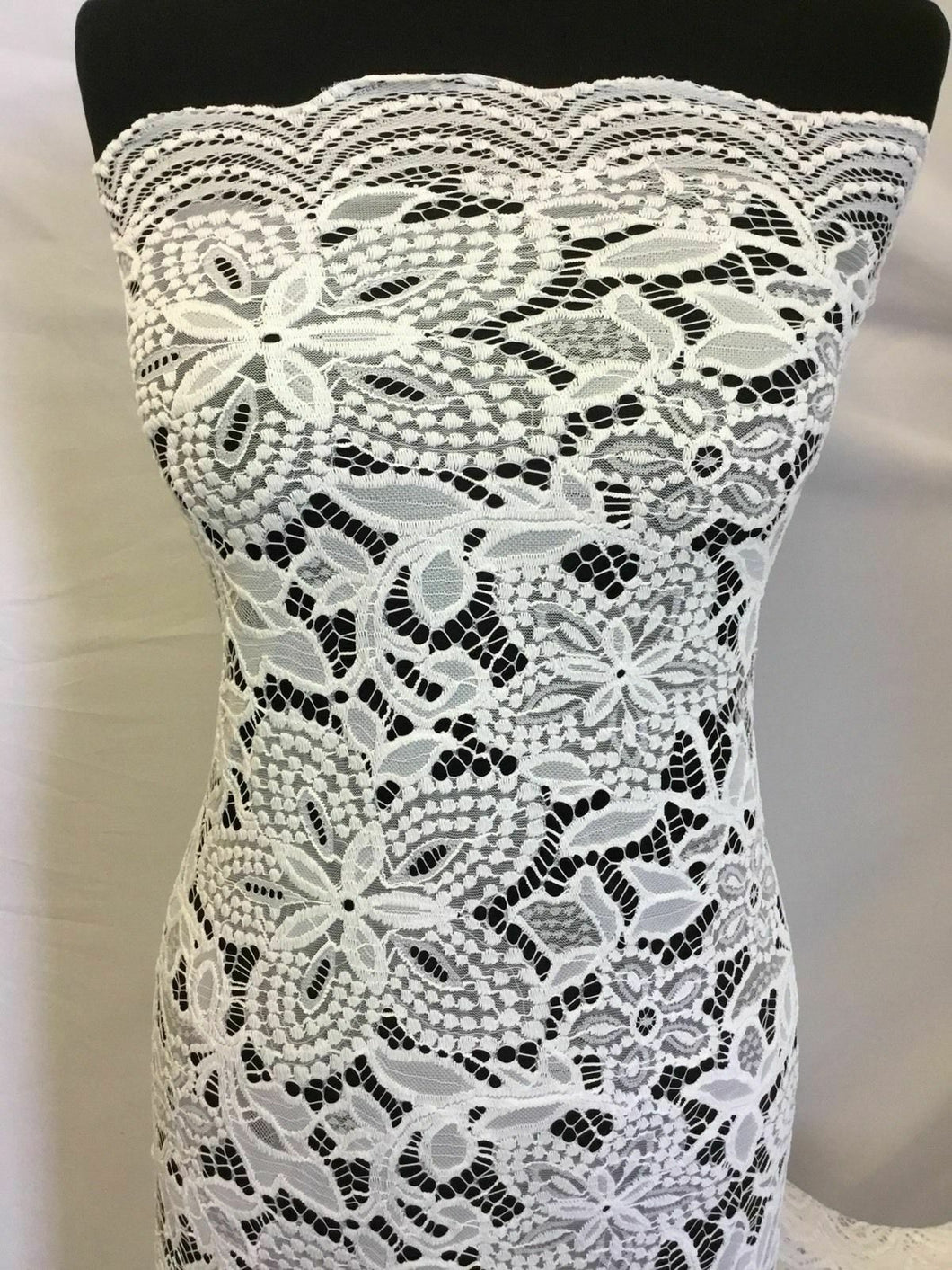 NEW Designer Ivory Embroidery Floral Stretch Lace Fabric Both Side Scallop