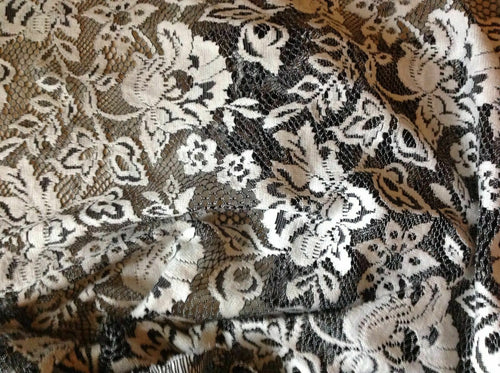 NEW Designer Ivory Black Stretch Floral Lace Fabric 62
