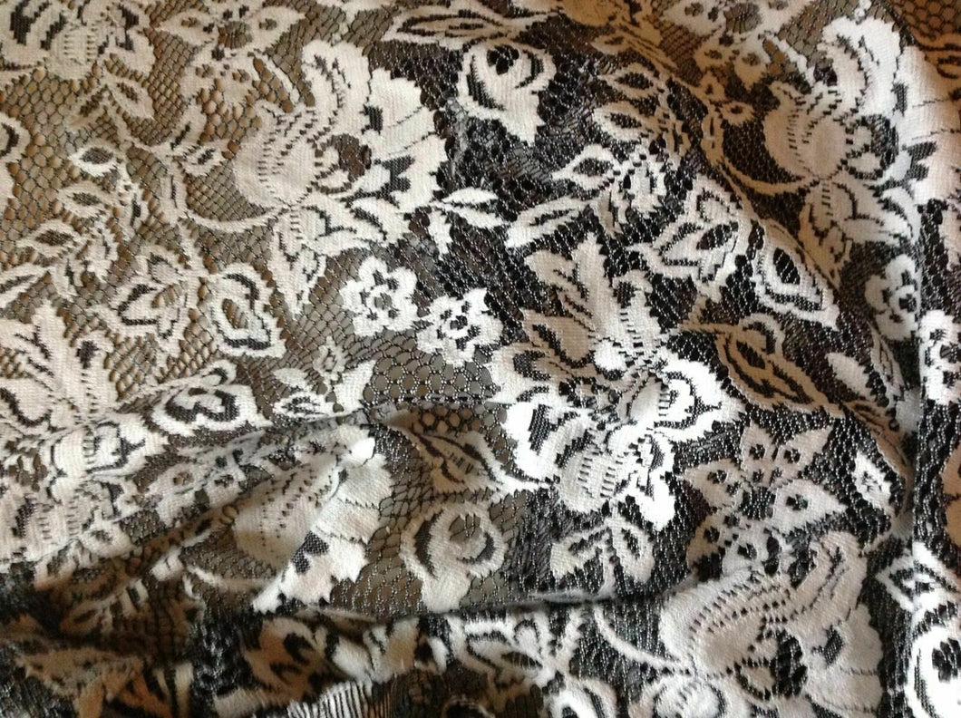 NEW Designer Ivory Black Stretch Floral Lace Fabric 62