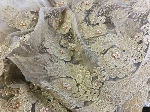 NEW Designer High Class Ivory Gold Pearl Paisley Border Lace Fabric 50” 129 cm