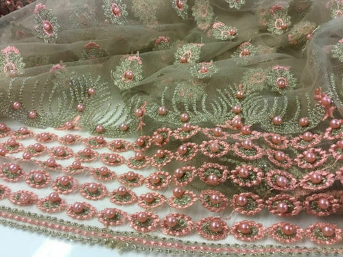 NEW Designer High Class Beige Salmon Colour Pearl Border Lace Fabric 52” 133 cm