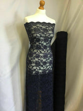 Load image into Gallery viewer, NEW Designer Navy 4 Way Stretch Net Floral Lace Double Scalloped Border Fabric