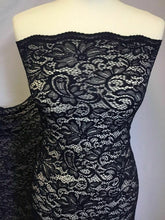 Load image into Gallery viewer, NEW Designer Navy Stretch Net Floral Paisley Lace Double Scalloped Border Fabric
