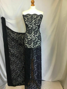 NEW Designer Navy Stretch Net Floral Lace Double Scalloped Border Fabric 57’’