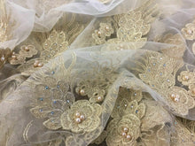 Load image into Gallery viewer, NEW Designer High Class Ivory Gold Pearl Paisley Border Lace Fabric 50” 129 cm