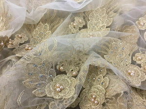 NEW Designer High Class Ivory Gold Pearl Paisley Border Lace Fabric 50” 129 cm