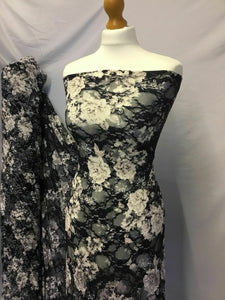 NEW Designer Multicoloured Stretch Floral Print Lace Fabric 60’’153cm Navy Ivory