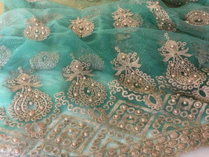 NEW Designer Jade / Green Gold Pearl Paisley Border Lace Fabric 51'' 131 cm