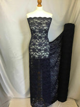 Load image into Gallery viewer, NEW Designer Navy 4 Way Stretch Net Floral Lace Double Scalloped Border Fabric