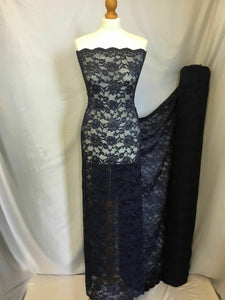 NEW Designer Navy 4 Way Stretch Net Floral Lace Double Scalloped Border Fabric