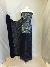 Load image into Gallery viewer, NEW Designer Navy Stretch Net Floral Paisley Lace Double Scalloped Border Fabric