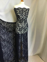 Load image into Gallery viewer, NEW Designer Navy Stretch Net Floral Lace Double Scalloped Border Fabric 57’’