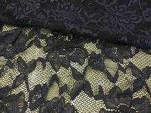 Load image into Gallery viewer, NEW Designer Navy 4 Way Stretch Net Floral Lace Double Scalloped Border Fabric