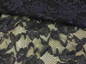 NEW Designer Navy 4 Way Stretch Net Floral Lace Double Scalloped Border Fabric
