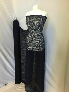 NEW Designer Navy Stretch Net Floral Paisley Lace Double Scalloped Border Fabric