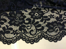 Load image into Gallery viewer, NEW Designer Navy Stretch Net Floral Lace Double Scalloped Border Fabric 57’’