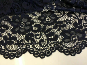 NEW Designer Navy Stretch Net Floral Lace Double Scalloped Border Fabric 57’’