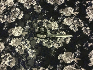 NEW Designer Multicoloured Stretch Floral Print Lace Fabric 60’’153cm Navy Ivory