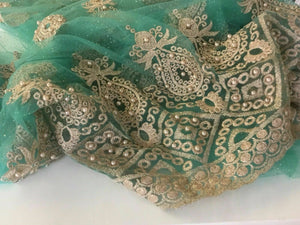 NEW Designer Jade / Green Gold Pearl Paisley Border Lace Fabric 51'' 131 cm