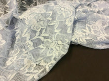 Load image into Gallery viewer, NEW Designer Light Blue 4 Way Stretch Floral Lace Double Scalloped Border Fabric