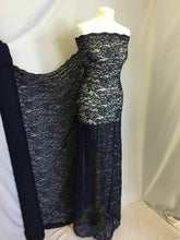 Load image into Gallery viewer, NEW Designer Navy Stretch Net Floral Paisley Lace Double Scalloped Border Fabric