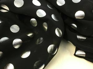 Beautiful Black Chiffon With Silver Polka Dot Spots Fabric 148 cm 58" Dress Art