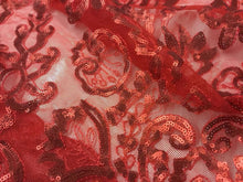 Load image into Gallery viewer, NEW Designer High Class Red Sequins Corded Border Scallop Lace Fabric 45’’ 116cm