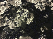 Load image into Gallery viewer, NEW Designer Multicoloured Stretch Floral Print Lace Fabric 60’’153cm Navy Ivory