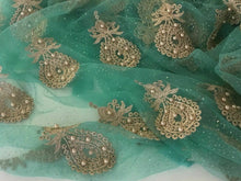 Load image into Gallery viewer, NEW Designer Jade / Green Gold Pearl Paisley Border Lace Fabric 51&#39;&#39; 131 cm